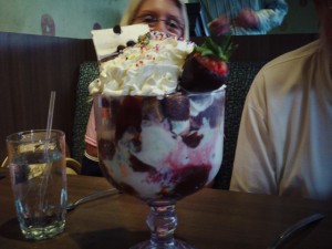 This giant sundae was one of the many, many things we devoured. That's my mom behind it wondering if we have big enough spoons.